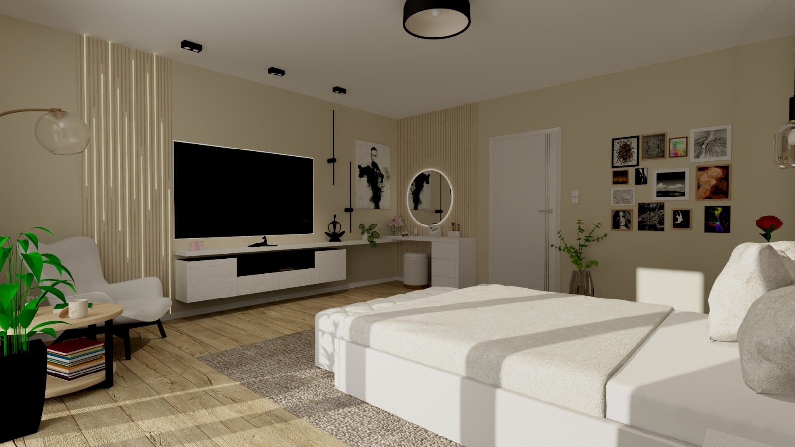 Jasna sypialnia z łóżkiem, toaletką z lustrem i ścianą TV. Dekoracyjne panele ścienne, galeria zdjęć i minimalistyczne oświetlenie.