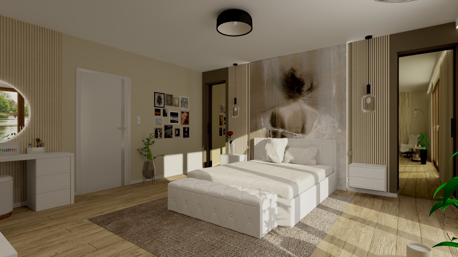 Jasna sypialnia z łóżkiem, toaletką z lustrem i galerią zdjęć na ścianie. Neutralna kolorystyka, drewniane panele i grafika na ścianie za łóżkiem.
