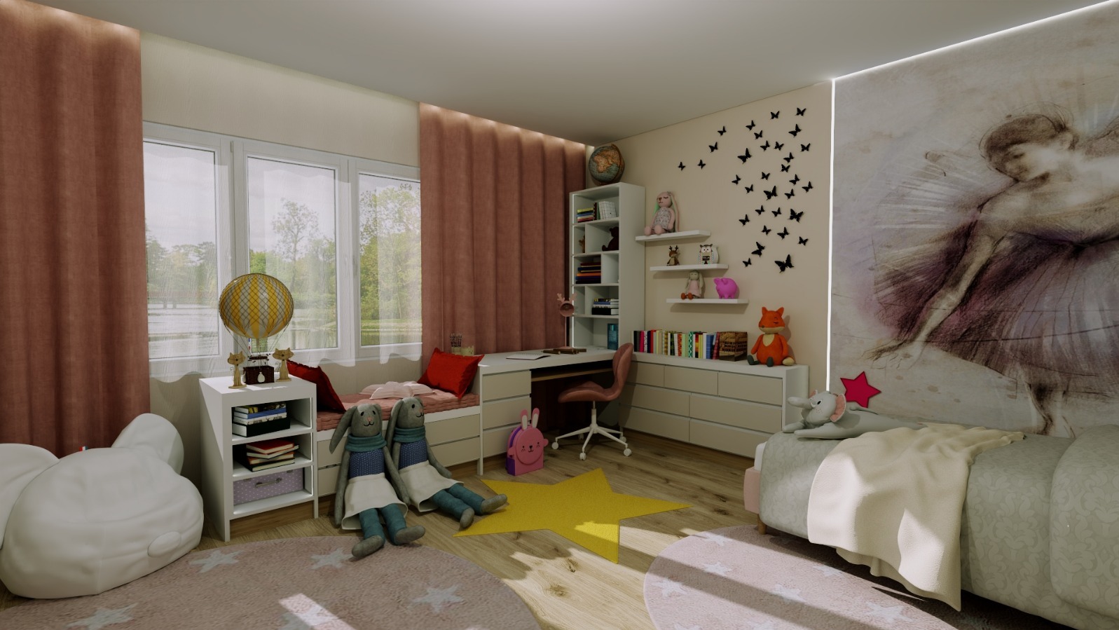 Pokój dziecięcy z łóżkiem, biurkiem i regałem. Na ścianie dekoracja z motywem baletnicy i motyli. Jasne kolory, pluszowe zabawki i dywan w gwiazdki.