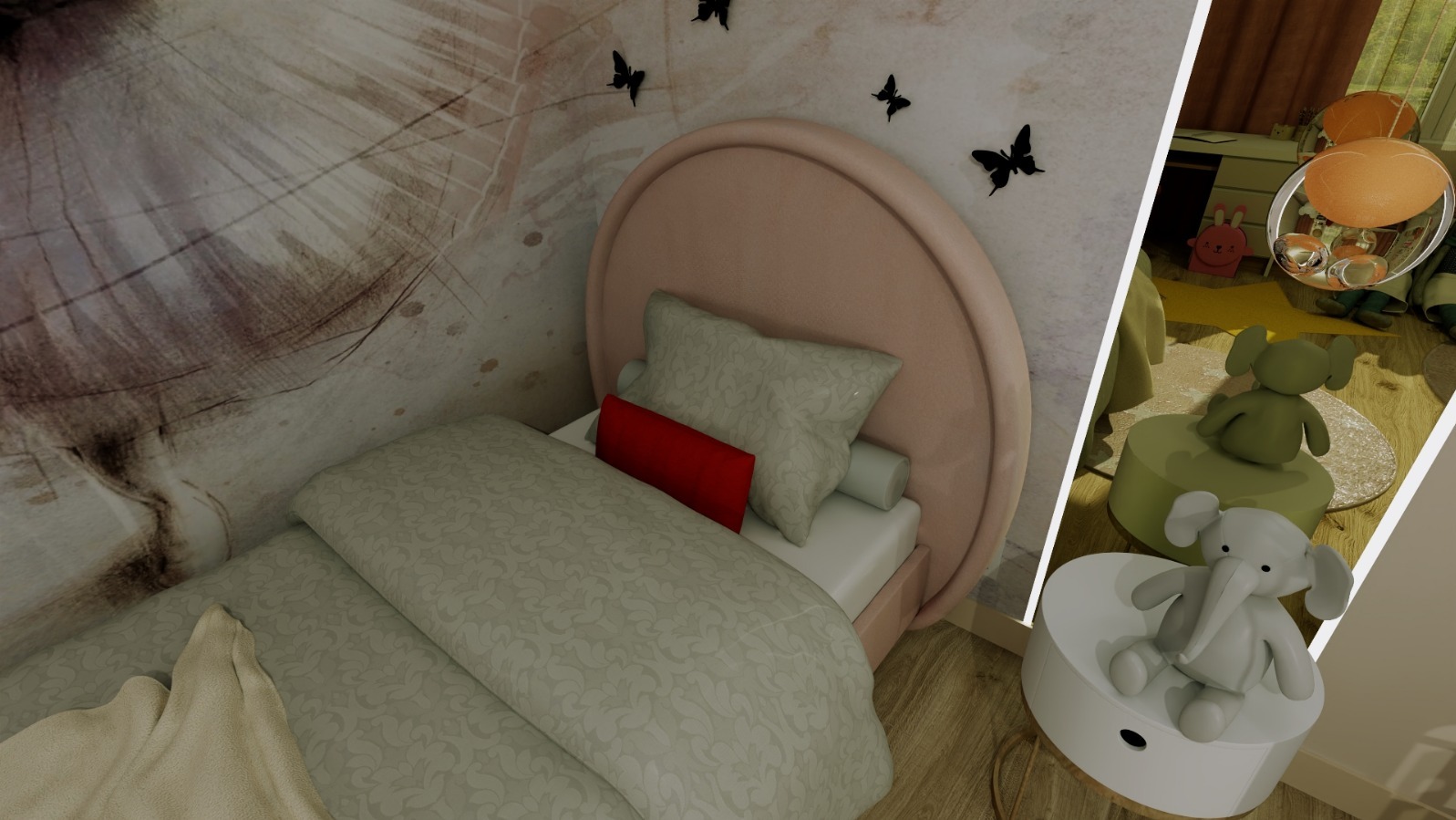 Dziecięcy pokój z okrągłym łóżkiem, motywem motyli na ścianie i lampką nocną w kształcie słonia. Pastelowa kolorystyka i miękkie oświetlenie tworzą przytulną atmosferę.