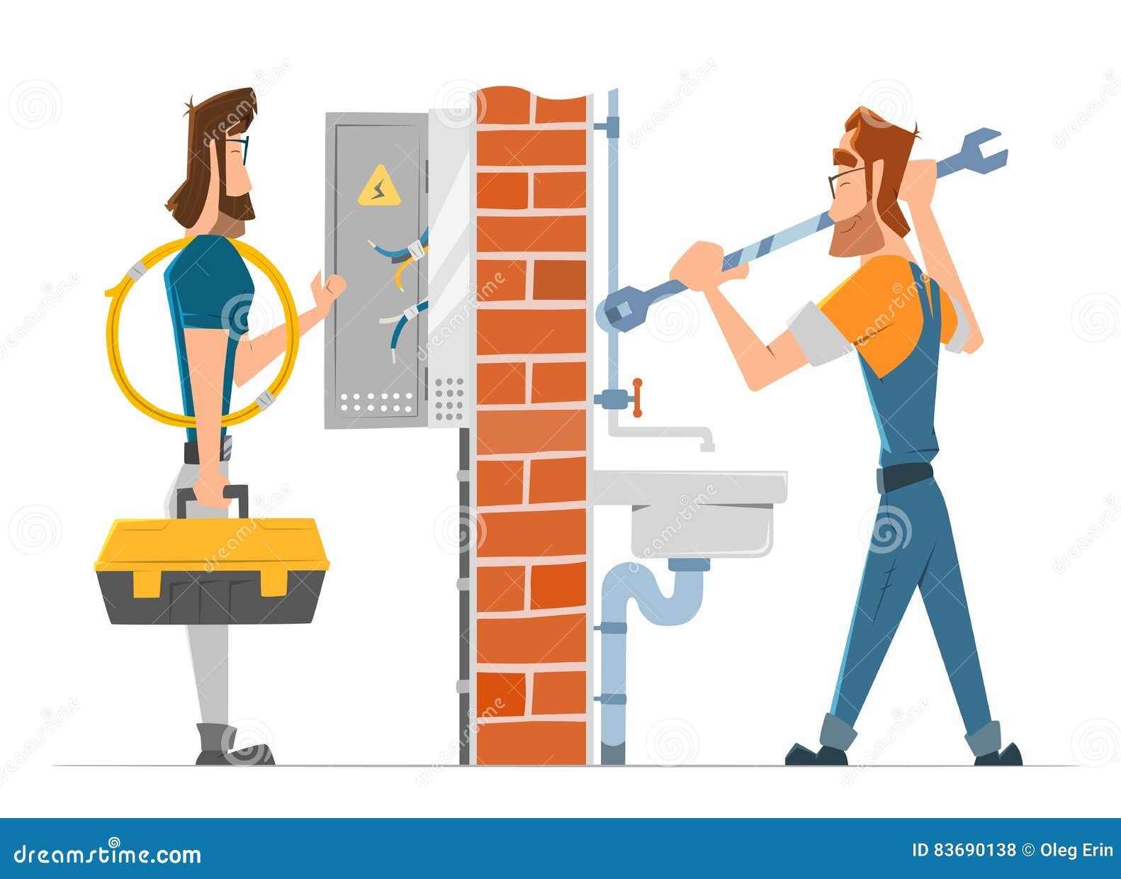 Ilustracja: Dwóch hydraulików/elektryków przy pracy. Jeden z kablem i skrzynką narzędziową, drugi z kluczem nastawnym przy umywalce i instalacji elektrycznej.