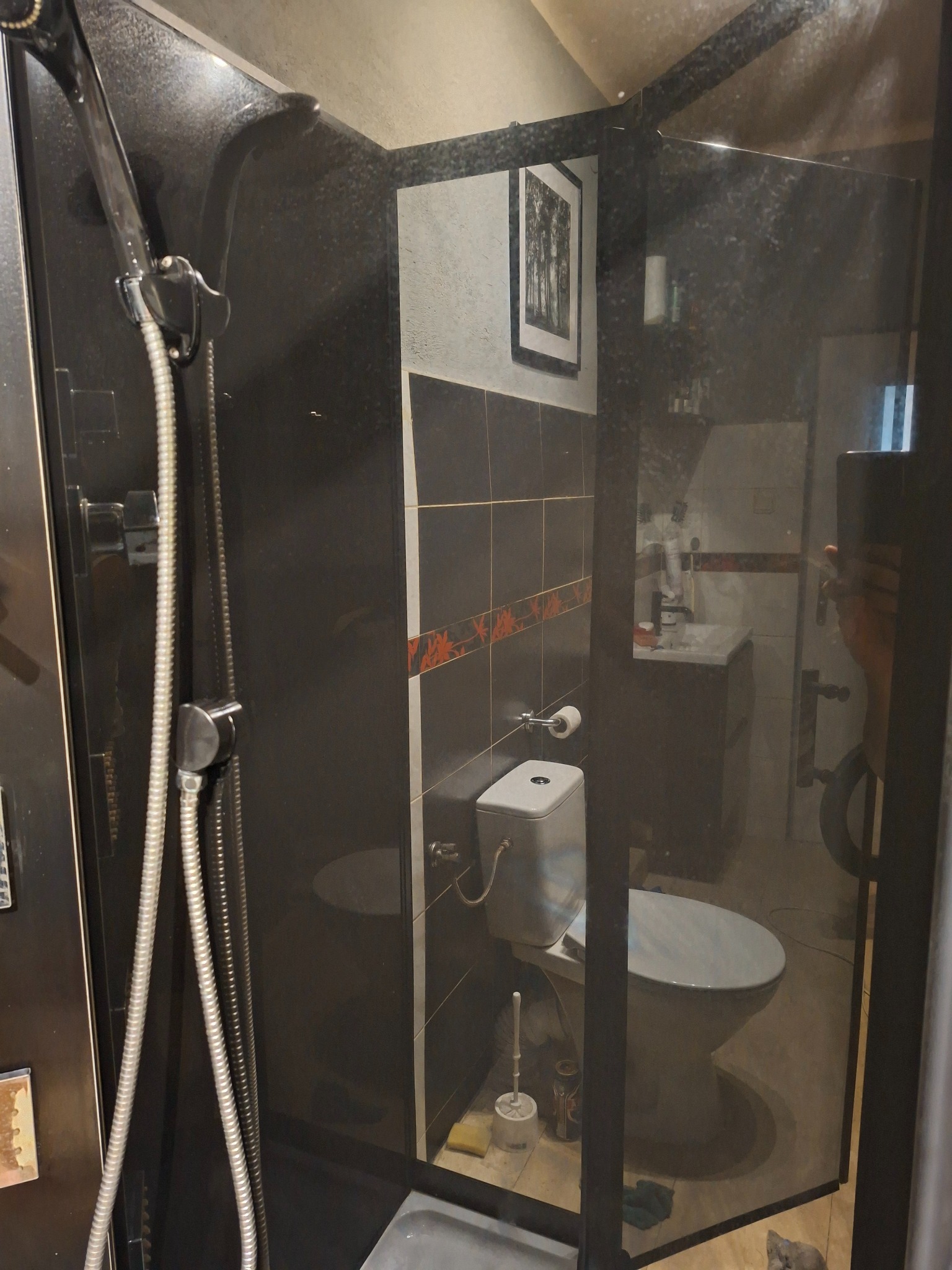 Ciemna kabina prysznicowa z toaletą w tle, widok z bliska na słuchawkę prysznicową i szklane drzwi. W tle widoczne płytki z wzorem i obrazek na ścianie.