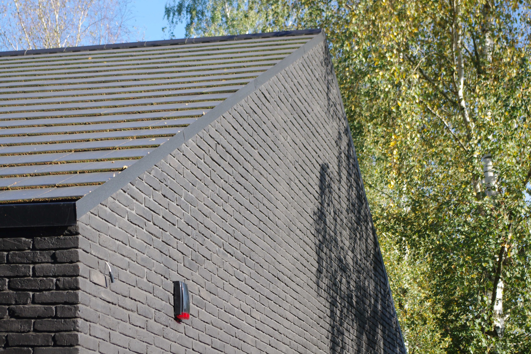 Ciemna, ceglana elewacja domu z widocznym fragmentem dachu i czujnikiem alarmowym. Tło stanowi drzewo liściaste i błękitne niebo.