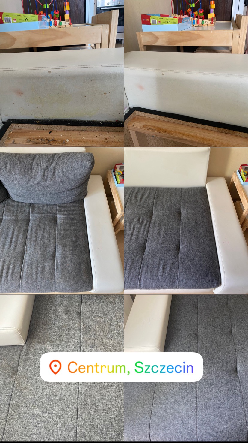 Sofa modułowa: widok 'przed' (zabrudzenia i plamy) i 'po' (czysta tapicerka) w Szczecinie. Dziecięce zabawki w tle. Kontrast czystości i zabrudzeń.