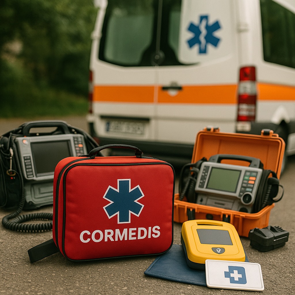 Zestaw ratunkowy CORMEDIS z defibrylatorami i ambulansem w tle. Czerwona torba z niebieską gwiazdą życia i logo. Sprzęt medyczny na kursach pierwszej pomocy.