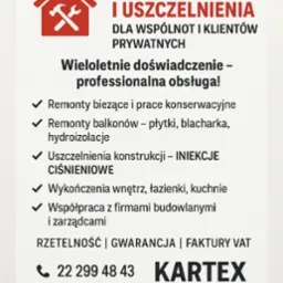 Baner firmy remontowej: Remonty i uszczelnienia dla wspólnot i klientów prywatnych. Oferta obejmuje remonty balkonów, wykończenia wnętrz, iniekcje ciśnieniowe.