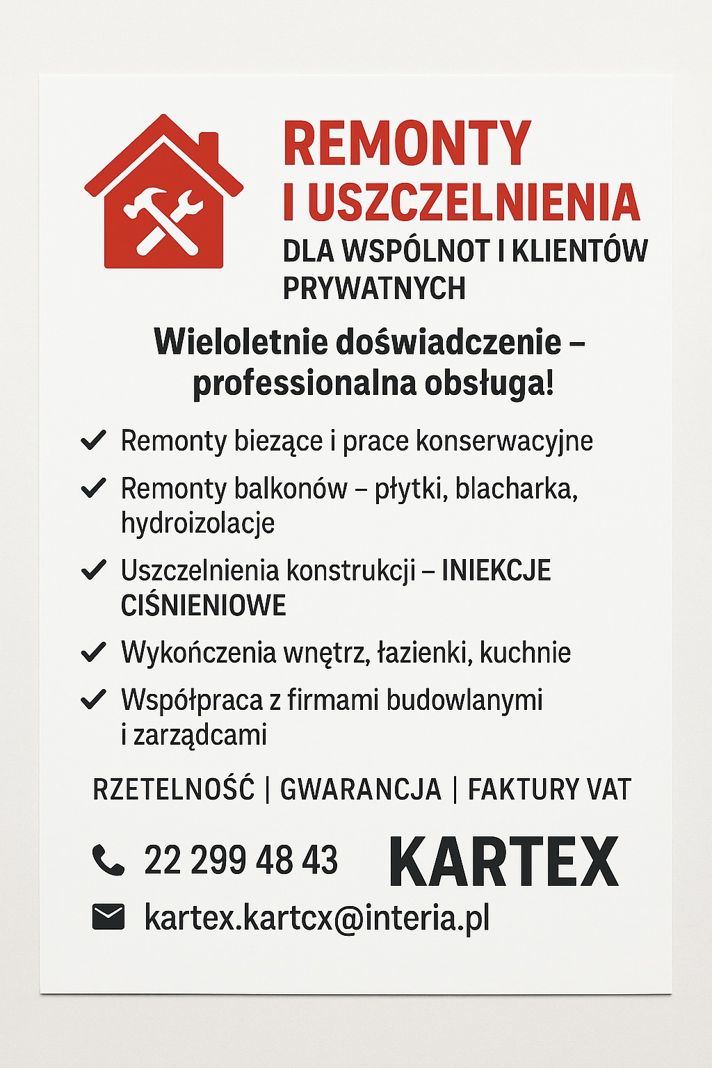 Baner firmy remontowej: Remonty i uszczelnienia dla wspólnot i klientów prywatnych. Oferta obejmuje remonty balkonów, wykończenia wnętrz, iniekcje ciśnieniowe.