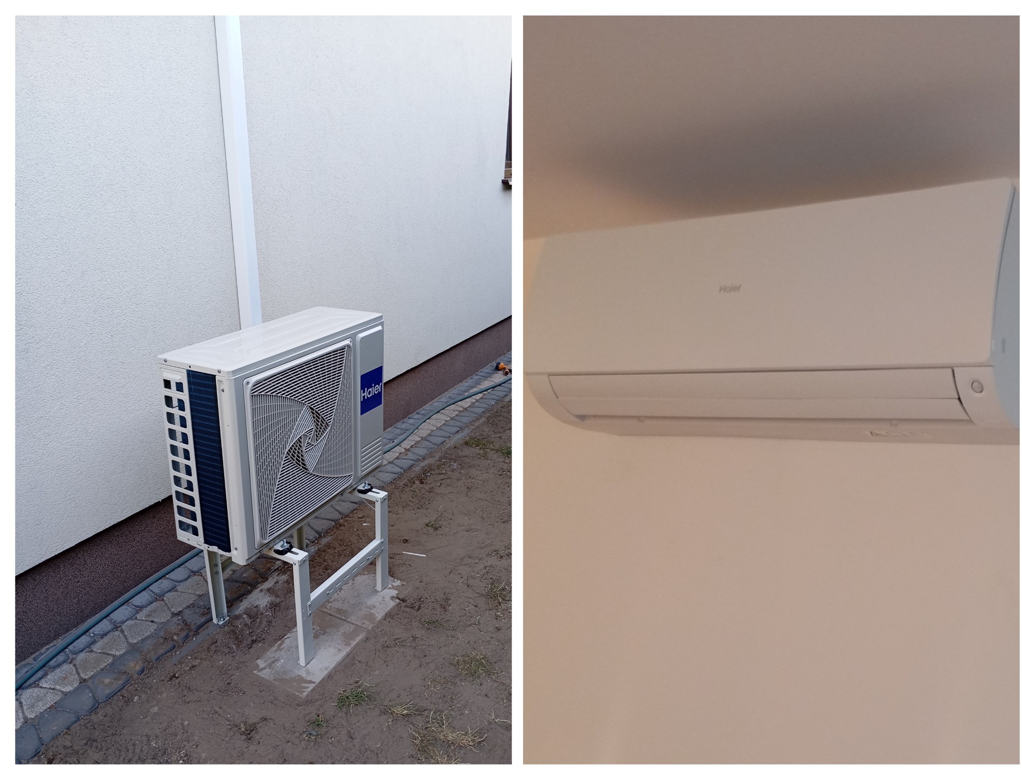 Klimatyzator Haier, jednostka zewnętrzna na wsporniku i wewnętrzna na ścianie. Montaż klimatyzacji w domu w Klwatce Królewskiej. Białe ściany, schludny montaż.