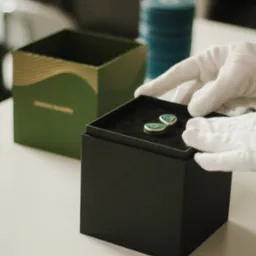 Dłonie w białych rękawiczkach układają parę kolczyków z turkusowymi detalami w czarnym pudełku na białym stole. W tle zielone pudełko z logo.