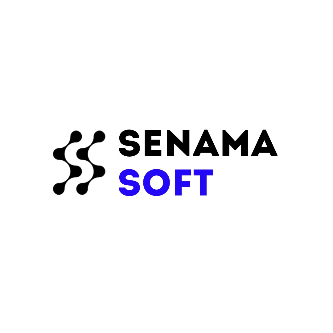 Logo firmy Senama Soft: czarny, abstrakcyjny symbol po lewej i czarny napis SENAMA nad niebieskim napisem SOFT na białym tle.
