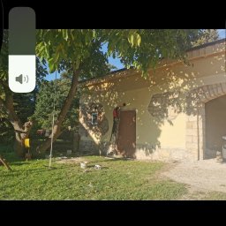 Michał Jankowski - Malowanie elewacji budynku z elementami kamiennymi. Pracownik na drabinie, widoczne puszki z farbą, trawa, drzewo, słoneczny dzień.