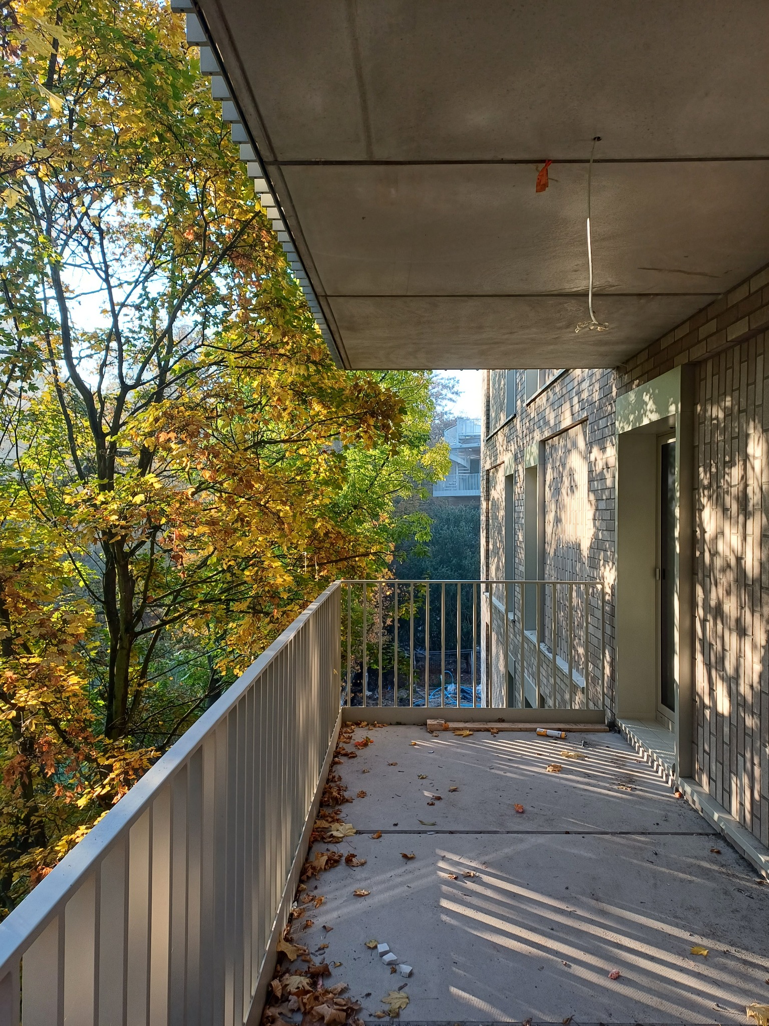 Nowoczesny balkon z szarą balustradą i widokiem na jesienne drzewa. Cień na ceglanej ścianie. Minimalistyczny design i naturalne światło.