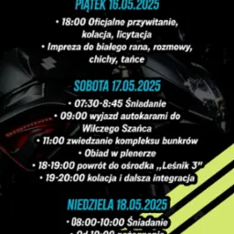 Plan trzydniowej imprezy z datami 16-18.05.2025, zawierający harmonogram wydarzeń: powitanie, zwiedzanie bunkrów, posiłki i pożegnanie. Grafika z motywem motocyklowym.