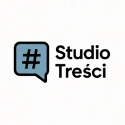 Logo 'Studio Treści' z symbolem hashtagu w dymku. Nowoczesny design, czcionka bezszeryfowa, stonowana kolorystyka. Identyfikacja wizualna firmy.