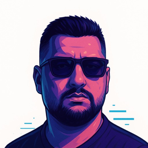 Ilustracja portretowa mężczyzny z brodą w okularach przeciwsłonecznych, w stylu pop-art, z gradientem różowo-fioletowym na białym tle z niebieskimi akcentami.