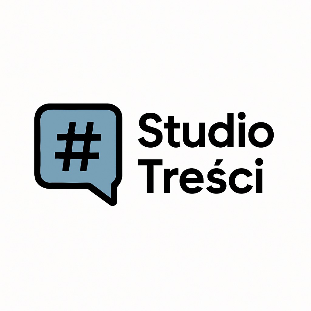 Logo 'Studio Treści' z symbolem hashtagu w dymku. Nowoczesny design, czcionka bezszeryfowa, stonowana kolorystyka. Identyfikacja wizualna firmy.
