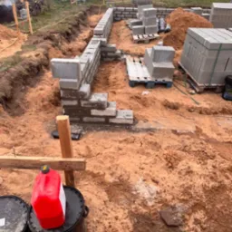 Budowa fundamentów z bloczków betonowych. Częściowo wymurowane ściany fundamentowe, palety z bloczkami, wykop. Widok z góry, ziemia wokół.