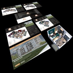 Vision Complex - Kolaż wizualizacji 3D i planów architektonicznych osiedla Olchowa Park, prezentujący wygląd budynków, układy mieszkań i detale wykończenia.