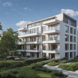 Vision Complex - Wizualizacja nowoczesnego apartamentowca z balkonami i dużymi oknami, otoczonego zielenią. Dwie osoby spacerują po ścieżce prowadzącej do budynku.