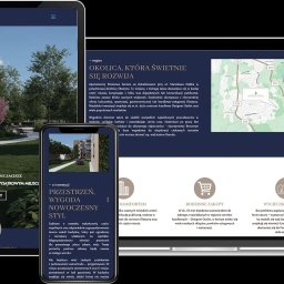 Vision Complex - Responsywna strona internetowa na laptopie i smartfonie prezentuje ofertę apartamentów 'Brzozowe Zacisze' z wizualizacją budynku i informacjami o lokalizacji.