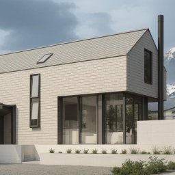 Vision Complex - Wizualizacja domu jednorodzinnego z elewacją z jasnej dachówki, dużymi oknami i minimalistycznym designem na tle górskiego krajobrazu. Nowoczesna architektura.