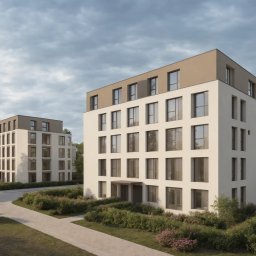 Vision Complex - Wizualizacja dwóch nowoczesnych budynków mieszkalnych z białymi elewacjami i brązowymi dachami, otoczonych zielenią, prezentowana w pochmurny dzień.