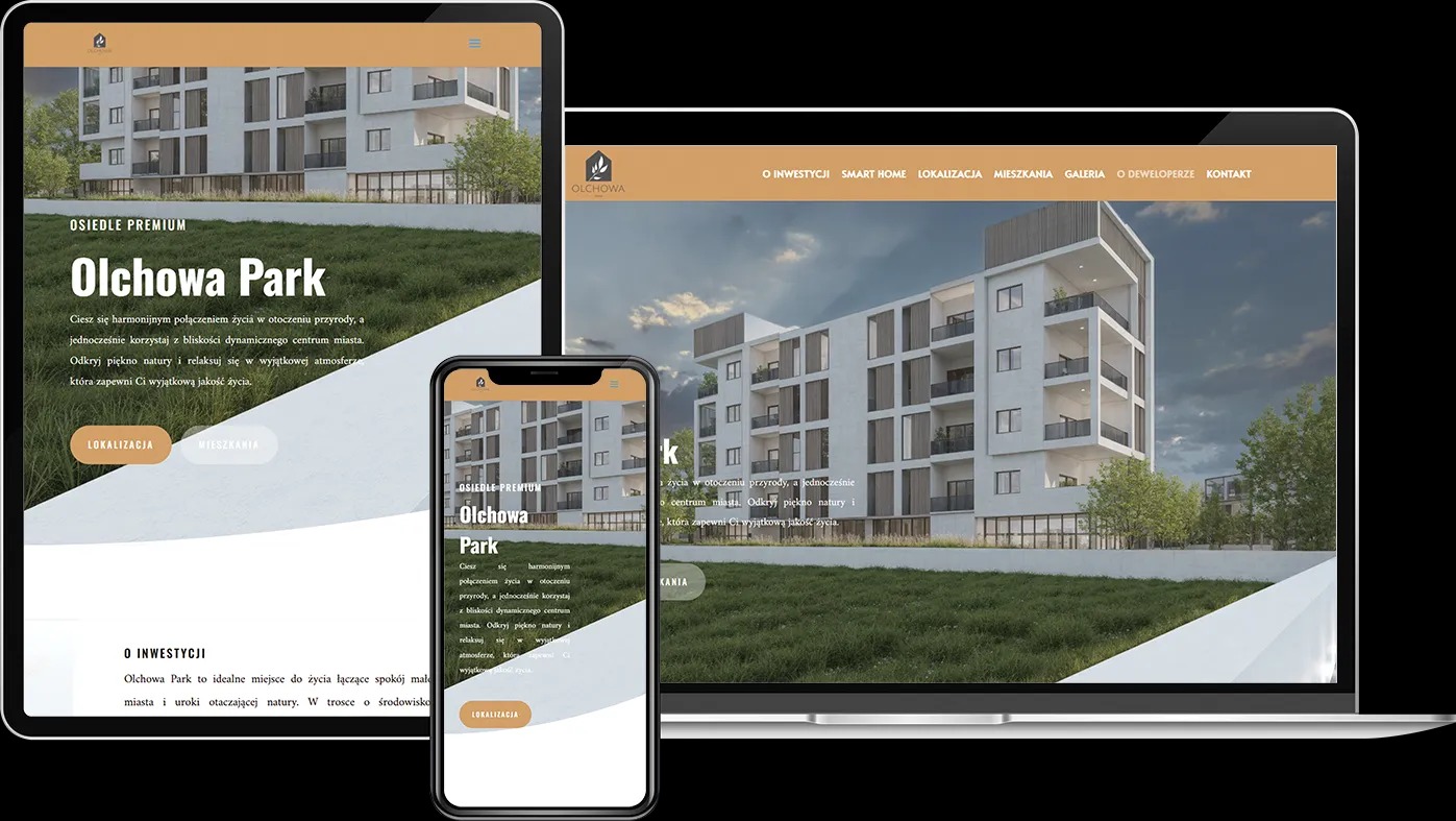 Responsywna strona 'Olchowa Park' na laptopie, tablecie i smartfonie, prezentująca nowoczesny budynek mieszkalny. Widok na zieleń i architekturę.