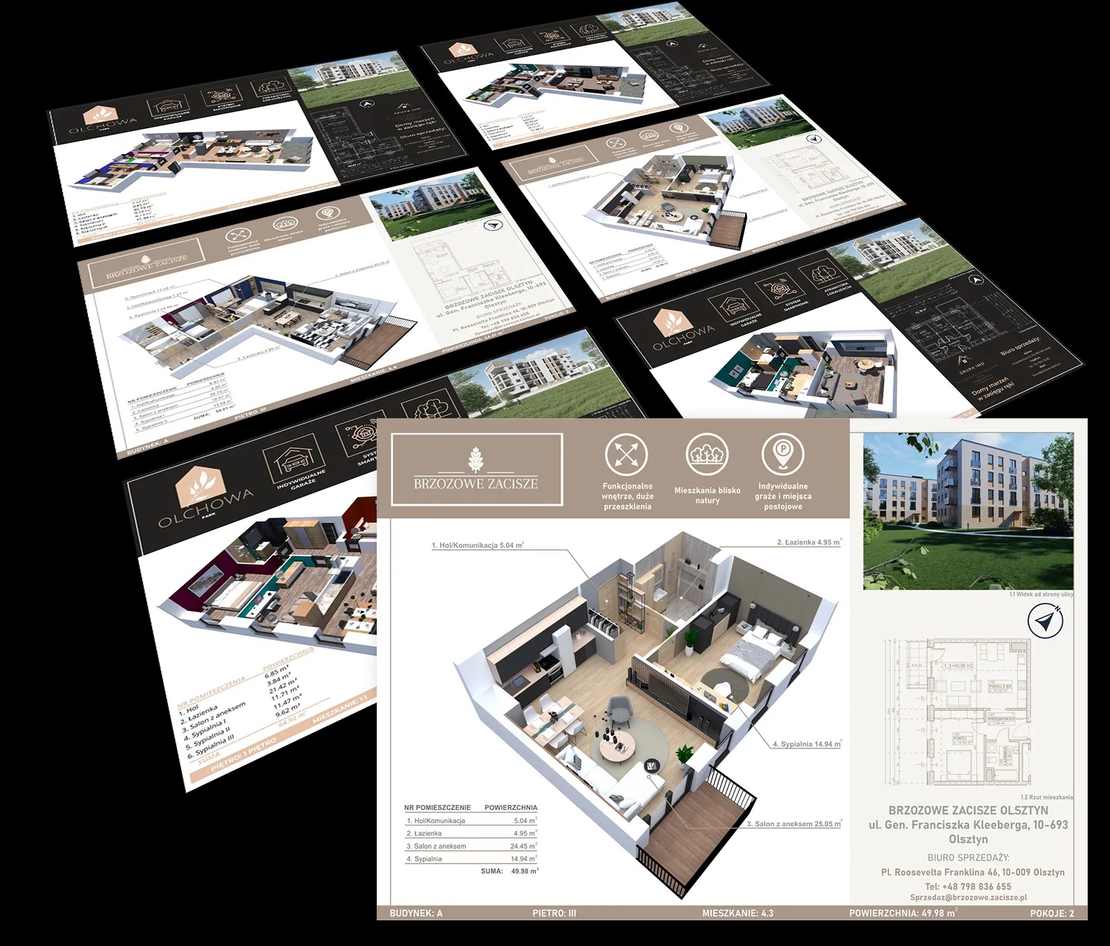 Zestaw wizualizacji mieszkań 'Brzozowe Zacisze' na czarnym tle. Rzuty 3D, plany, zdjęcia budynków i logo tworzą spójną prezentację oferty dewelopera.