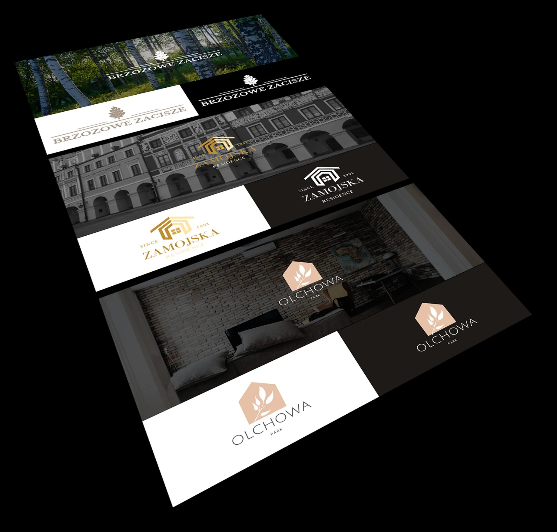Kompozycja różnych wariantów logo dla nieruchomości, w tym wersje z nazwą 'Brzozowe Zacisze', 'Zamojska Residence' i 'Olchowa Park', prezentowane na różnych tłach.