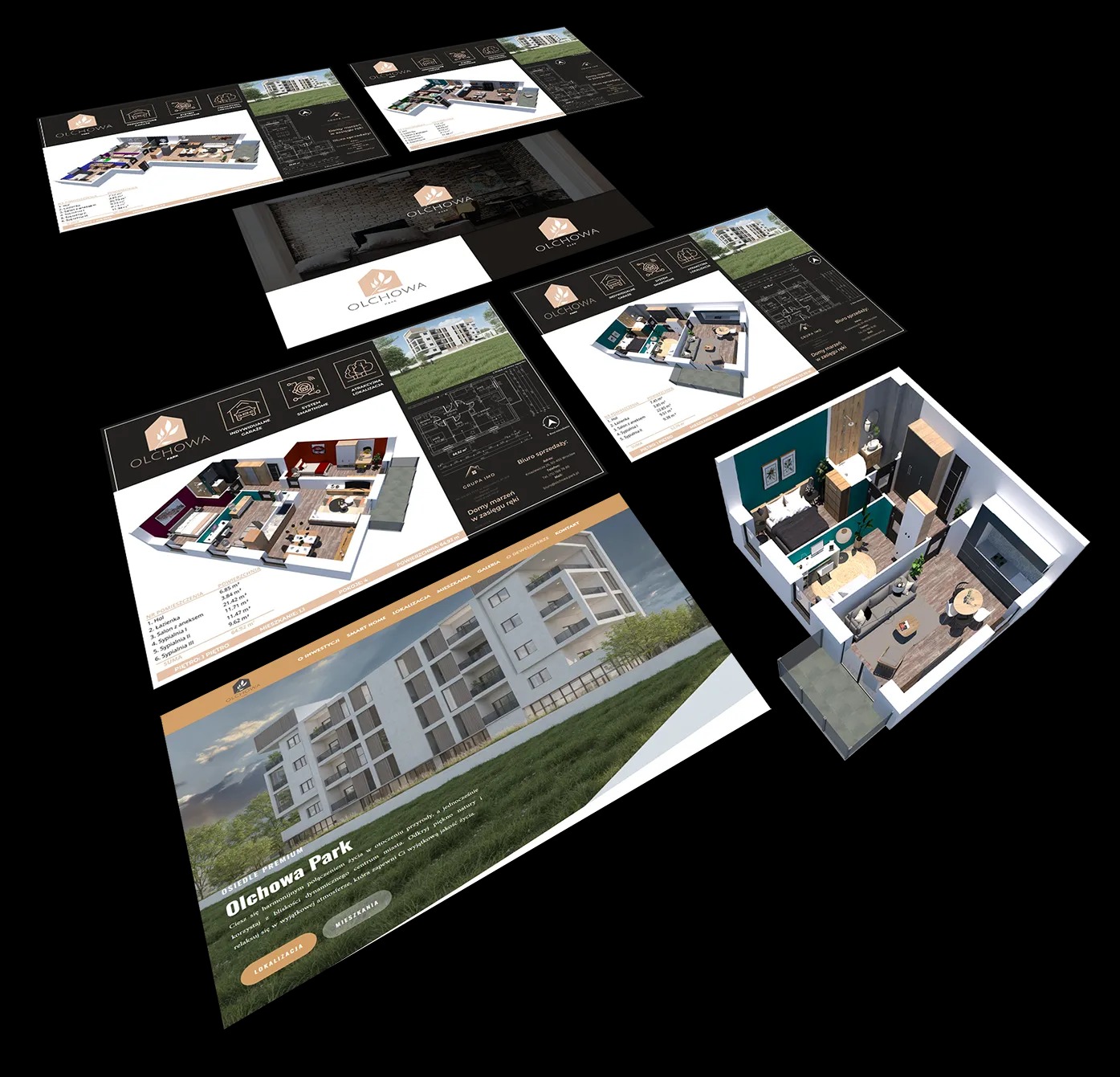 Kolaż wizualizacji 3D i planów architektonicznych osiedla Olchowa Park, prezentujący wygląd budynków, układy mieszkań i detale wykończenia.