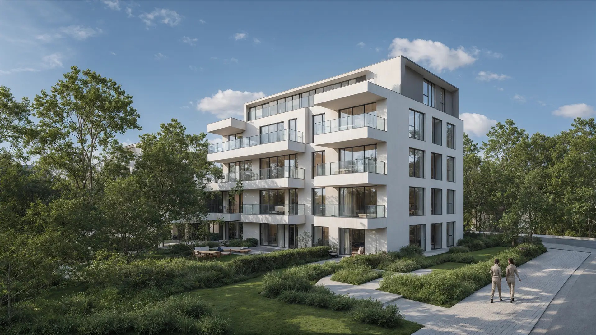 Wizualizacja nowoczesnego apartamentowca z balkonami i dużymi oknami, otoczonego zielenią. Dwie osoby spacerują po ścieżce prowadzącej do budynku.