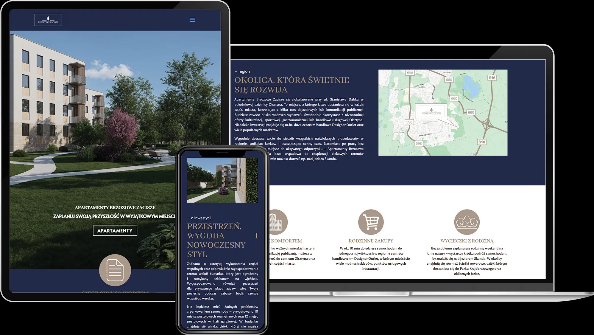 Responsywna strona internetowa na laptopie i smartfonie prezentuje ofertę apartamentów 'Brzozowe Zacisze' z wizualizacją budynku i informacjami o lokalizacji.
