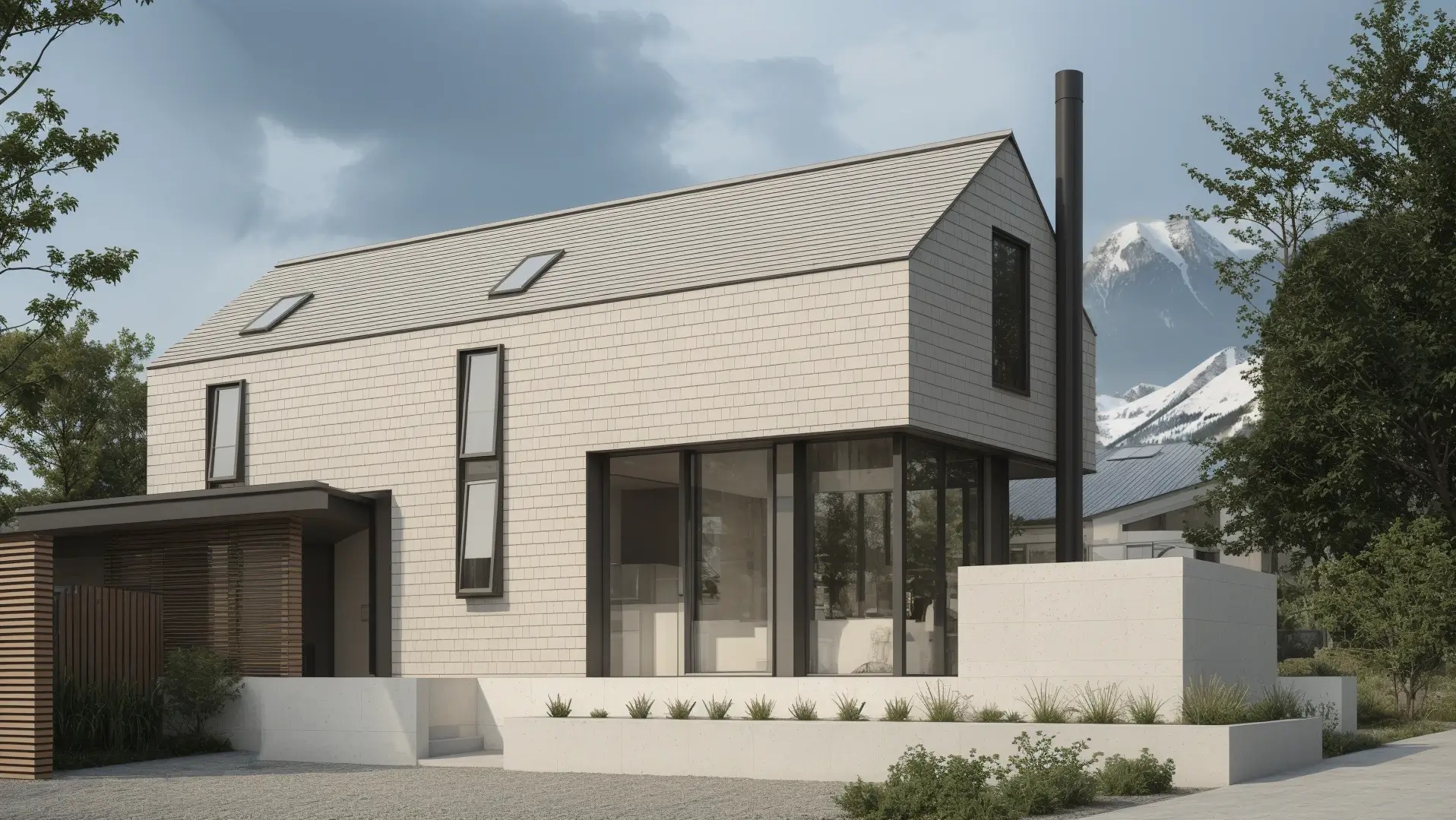 Wizualizacja domu jednorodzinnego z elewacją z jasnej dachówki, dużymi oknami i minimalistycznym designem na tle górskiego krajobrazu. Nowoczesna architektura.