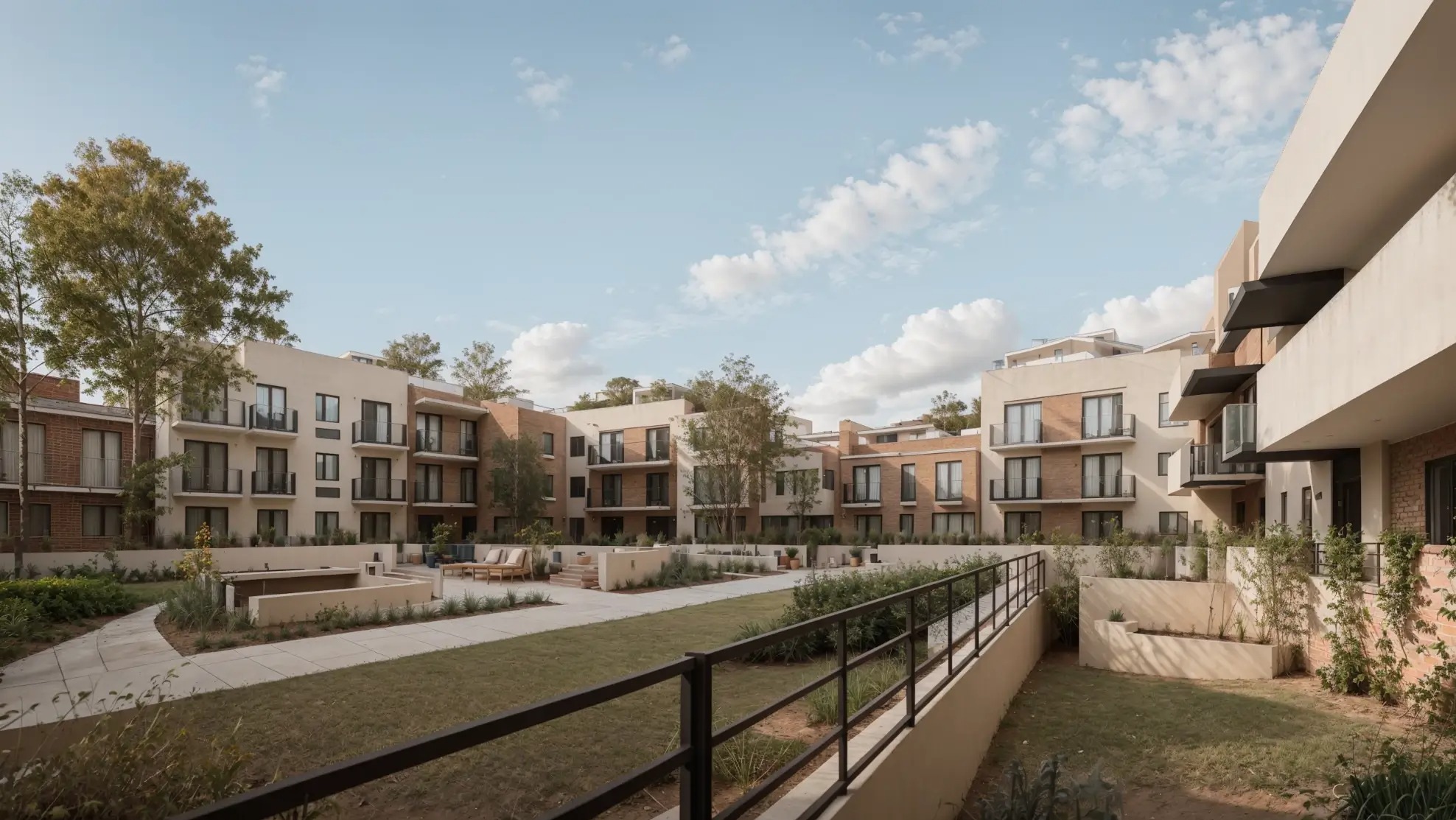 Kompleks apartamentów z balkonami, otoczony zielenią i ścieżkami. Architektura budynków łączy cegłę i jasny tynk, tworząc nowoczesny wygląd.