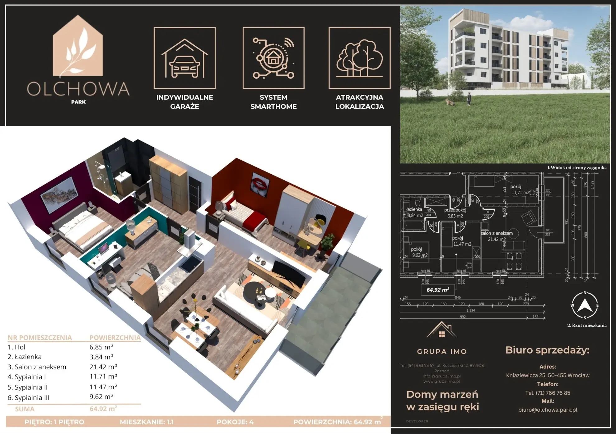 Rzut 3D mieszkania 64.92 m² z czterema pokojami, widok budynku i plan zagospodarowania, prezentacja Grupa IMO z Wrocławia, Kniaziewicza 25.