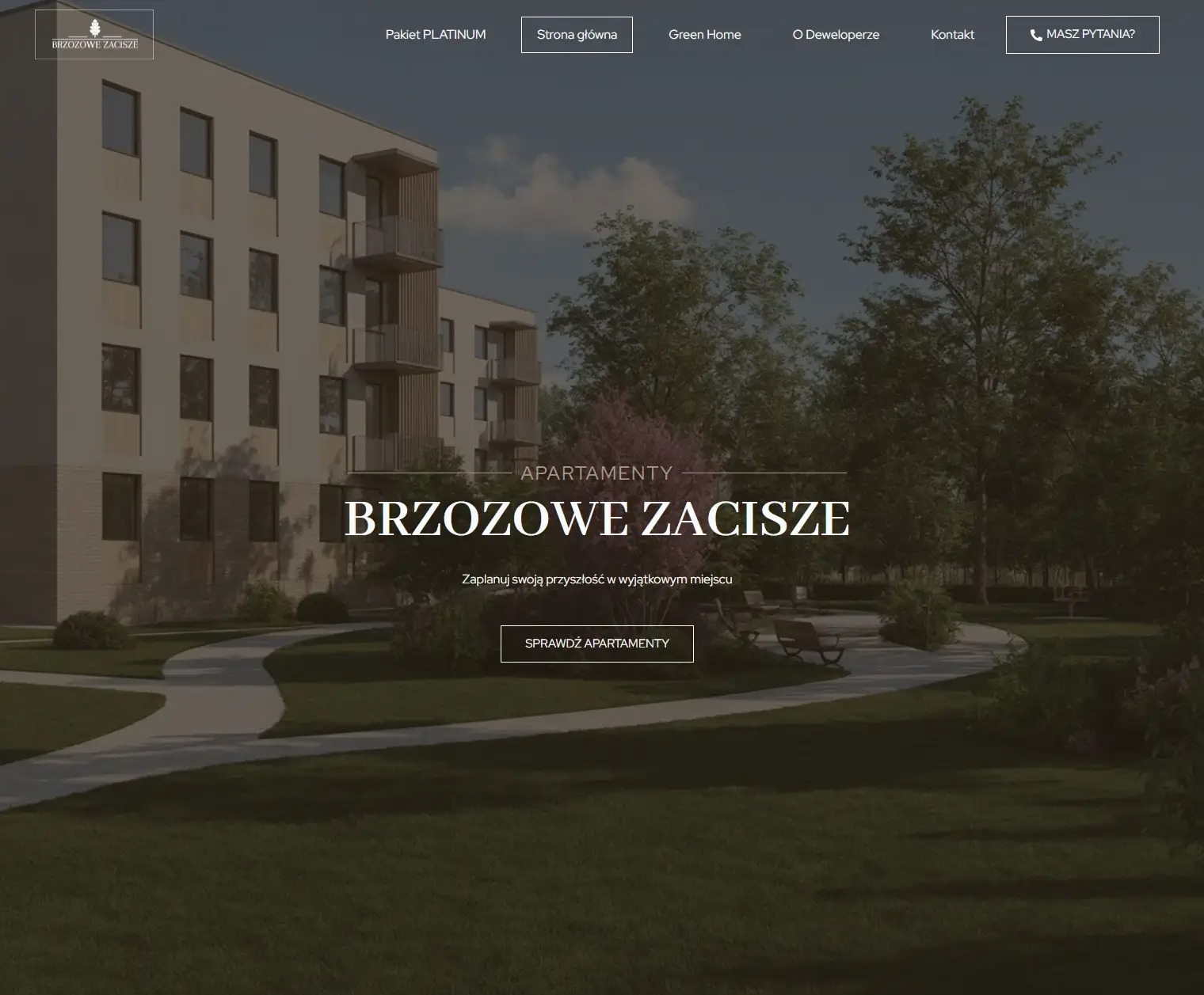 Elegancka strona www apartamentów 'Brzozowe Zacisze' z widokiem na budynek i park. Minimalistyczny design, stonowana kolorystyka, drzewa w tle. Napis: 'Zaplanuj przyszłość'.