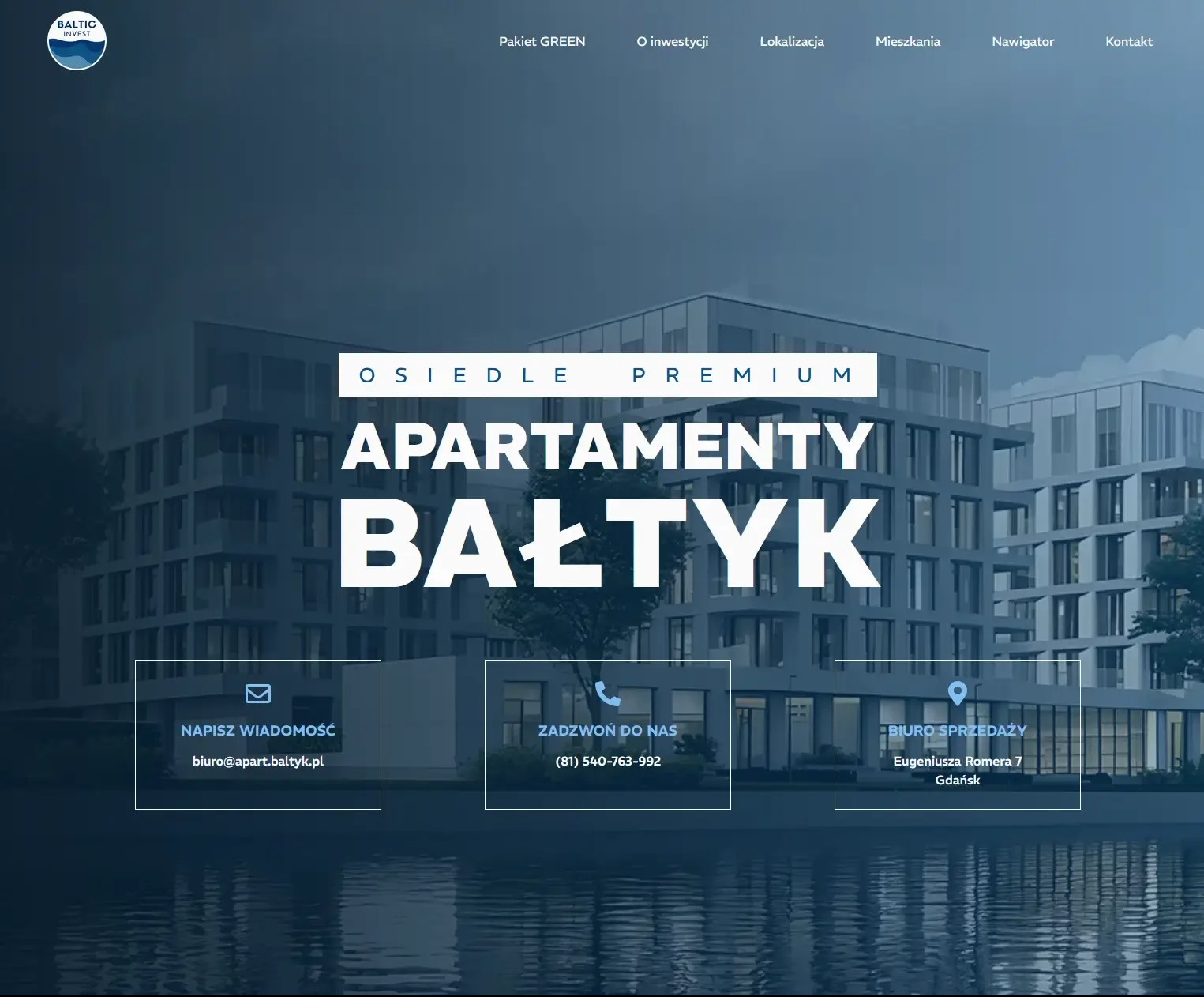 Strona internetowa z widokiem nowoczesnego osiedla apartamentów 'Bałtyk', zlokalizowanego nad wodą. Dominuje kolorystyka niebieska i minimalistyczny design.