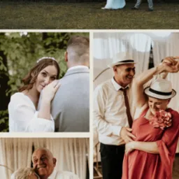 Kolaż z wesela w Bobowicku: para młoda na tle zieleni, portret panny młodej, tańczący goście oraz zbliżenie dłoni z obrączkami.