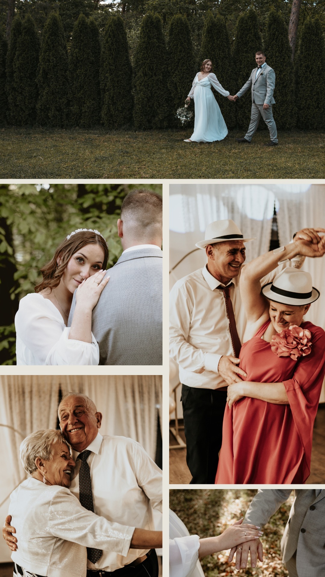 Kolaż z wesela w Bobowicku: para młoda na tle zieleni, portret panny młodej, tańczący goście oraz zbliżenie dłoni z obrączkami.