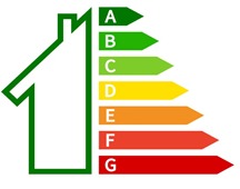 Ikona domu z kolorowymi strzałkami oznaczonymi A-G, symbolizującymi klasę energetyczną budynku, na białym tle. Grafika informacyjna.