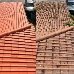 Dbamy o Dach - Dachówka ceramiczna: po lewej świeżo pomalowana na ceglasty kolor, po prawej porośnięta mchem i zabrudzona. Widok z góry, efekt przed i po renowacji.
