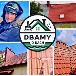 Dbamy o Dach - Montaż kolażu: Pracownik z radiem w kasku, dach przed i po malowaniu, logo firmy „Dbamy o Dach” oraz czyszczenie dachu myjką ciśnieniową.