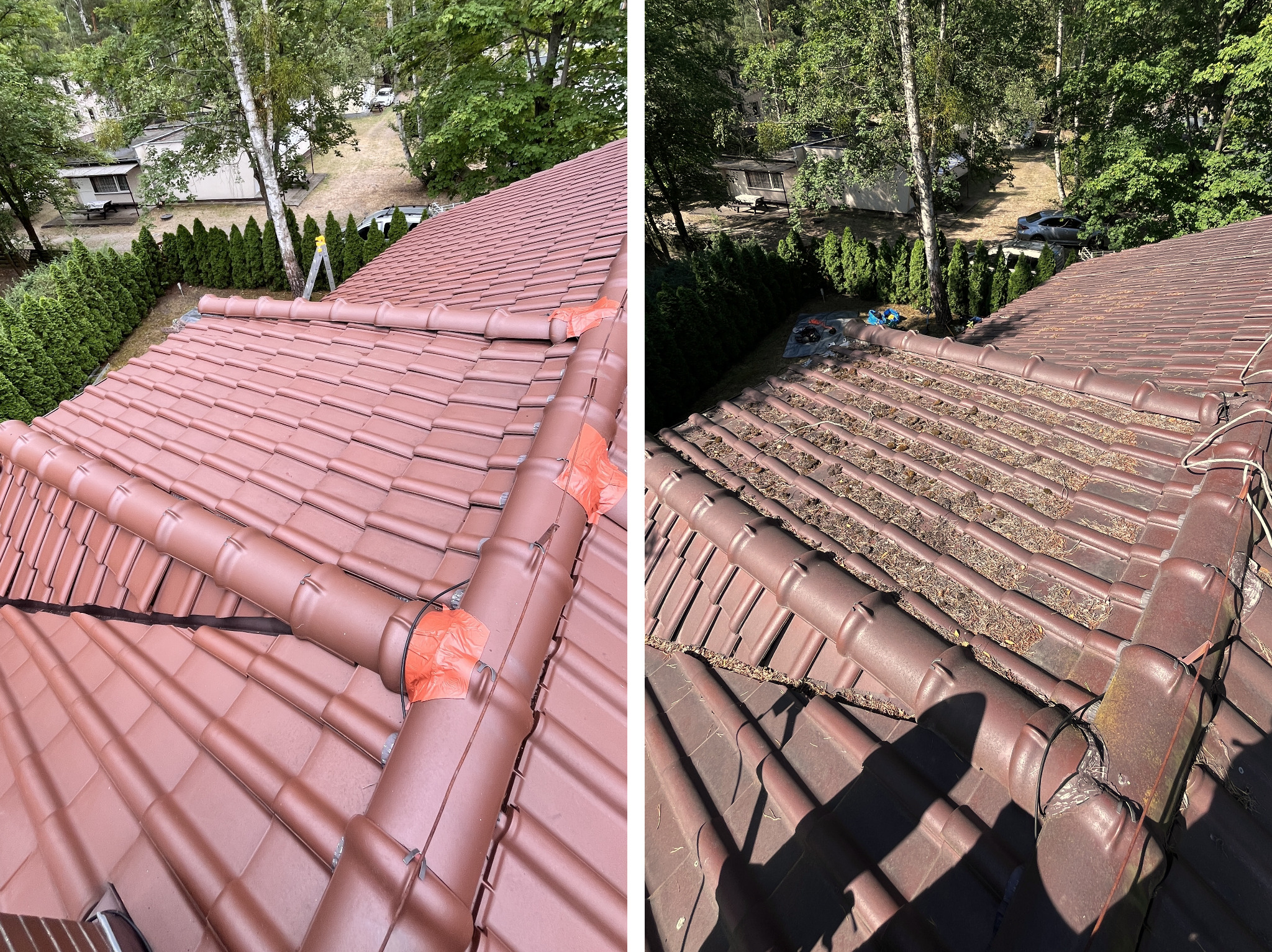 Porównanie dachu przed i po. Po lewej stronie dach z brązową dachówką po renowacji, po prawej dach z zabrudzeniami i liśćmi. Widok z góry.