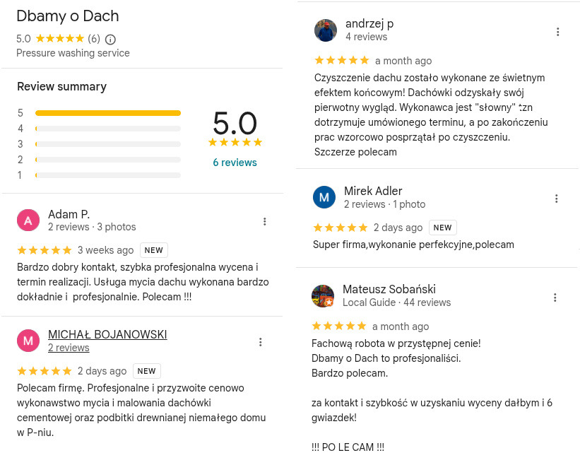 Opinie klientów o firmie dekarskiej 'Dbamy o Dach' z oceną 5.0 i pozytywnymi komentarzami na temat mycia i czyszczenia dachów.