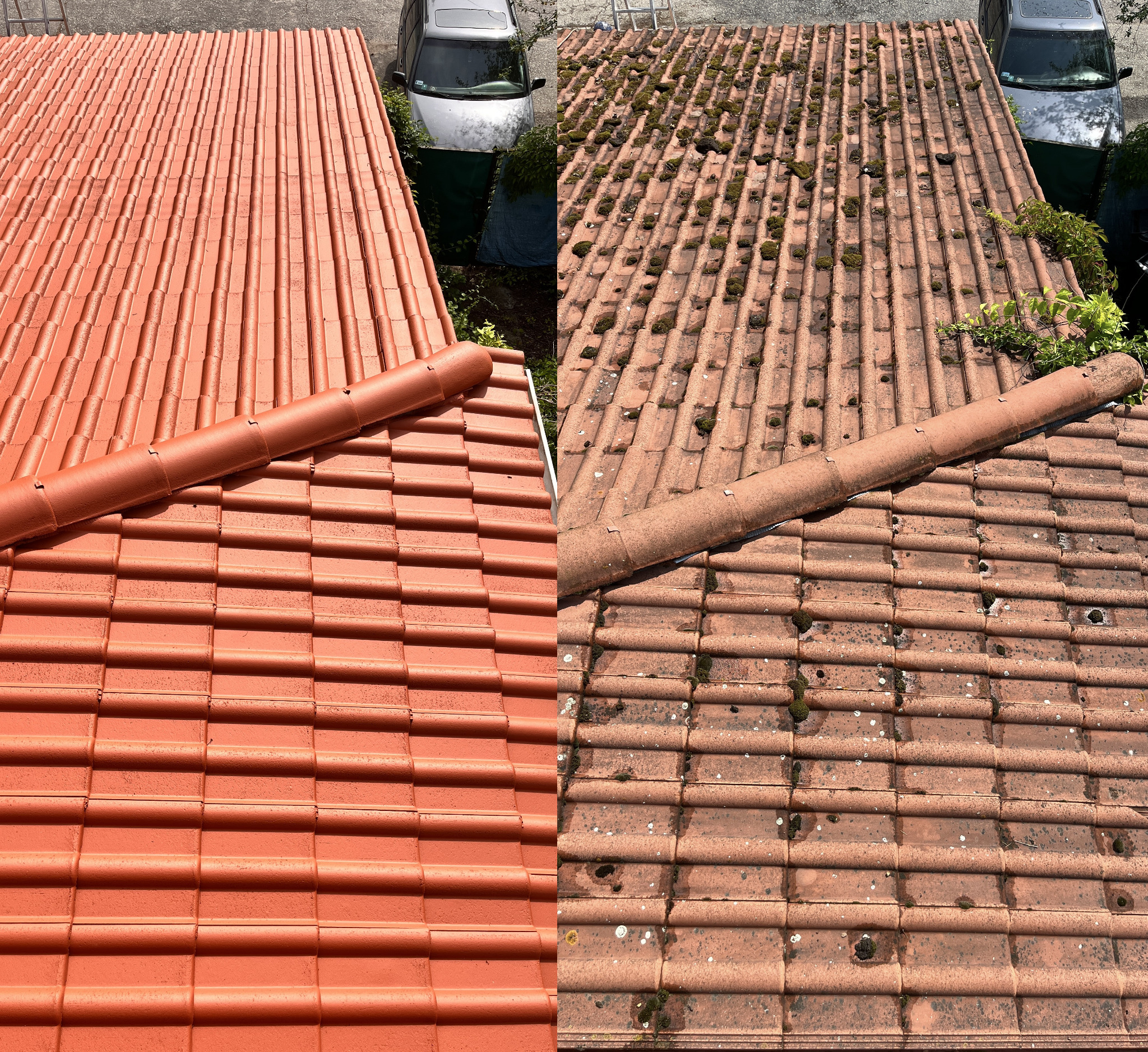 Dachówka ceramiczna: po lewej świeżo pomalowana na ceglasty kolor, po prawej porośnięta mchem i zabrudzona. Widok z góry, efekt przed i po renowacji.