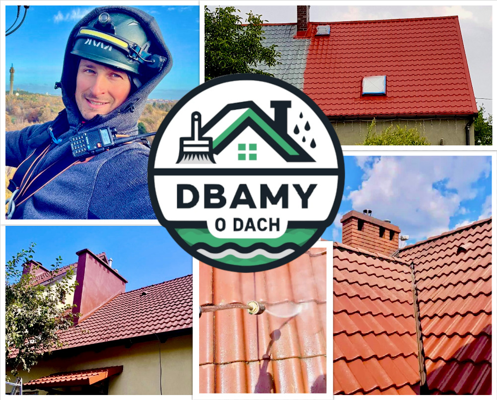 Montaż kolażu: Pracownik z radiem w kasku, dach przed i po malowaniu, logo firmy „Dbamy o Dach” oraz czyszczenie dachu myjką ciśnieniową.