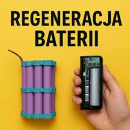 Akumulator litowo-jonowy w obudowie i pakiet ogniw na żółtym tle. Regeneracja baterii. Widoczne układy scalone i przewody.