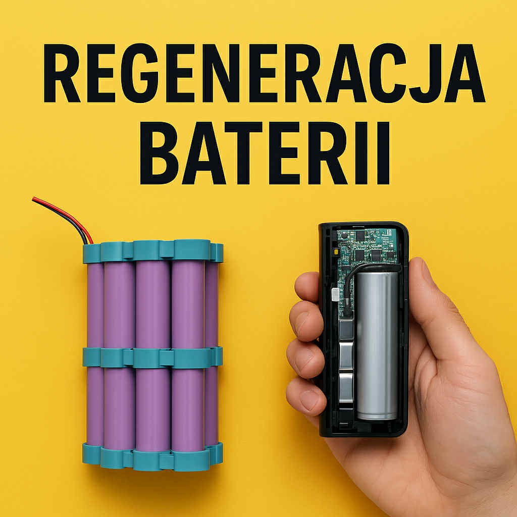 Akumulator litowo-jonowy w obudowie i pakiet ogniw na żółtym tle. Regeneracja baterii. Widoczne układy scalone i przewody.