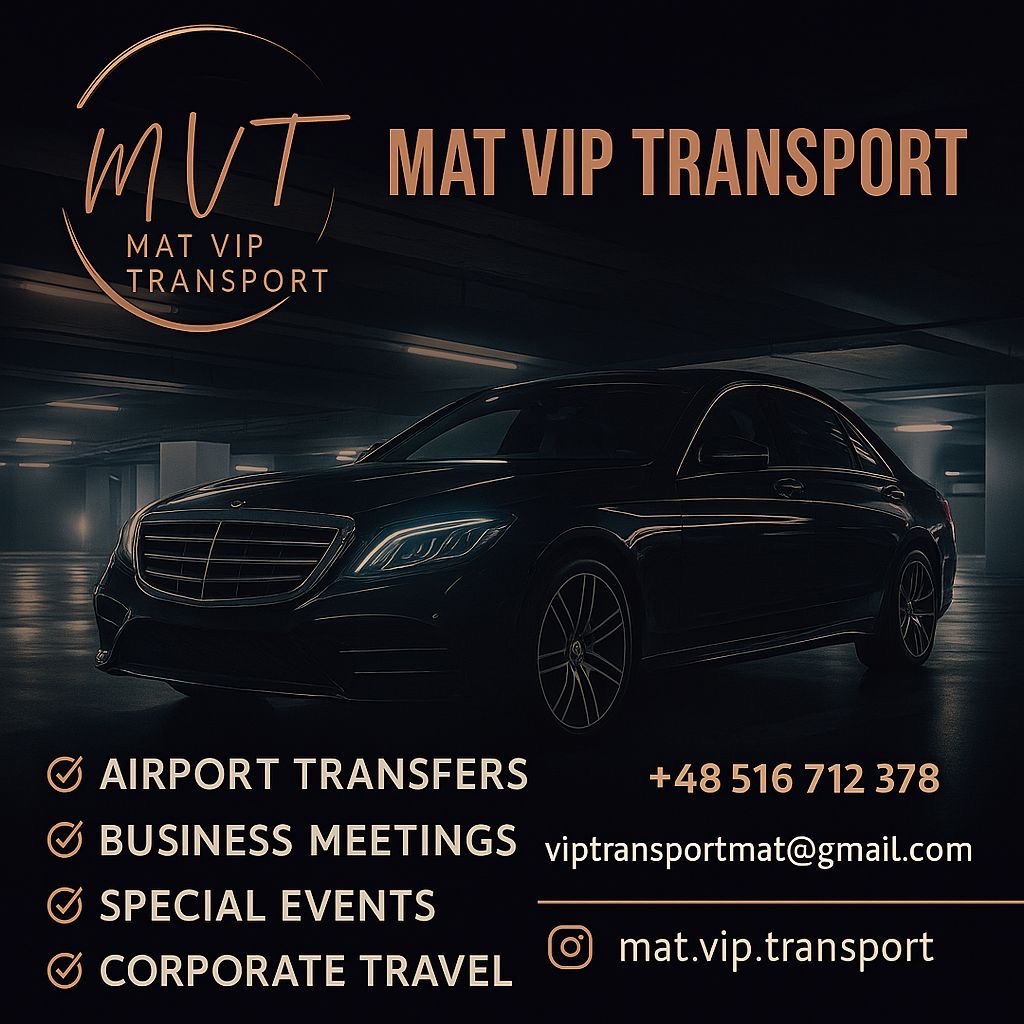 Elegancki, czarny Mercedes w garażu podziemnym, logo 'MVT MAT VIP TRANSPORT', kontakt: +48 516 712 378, viptransportmat@gmail.com, mat.vip.transport.