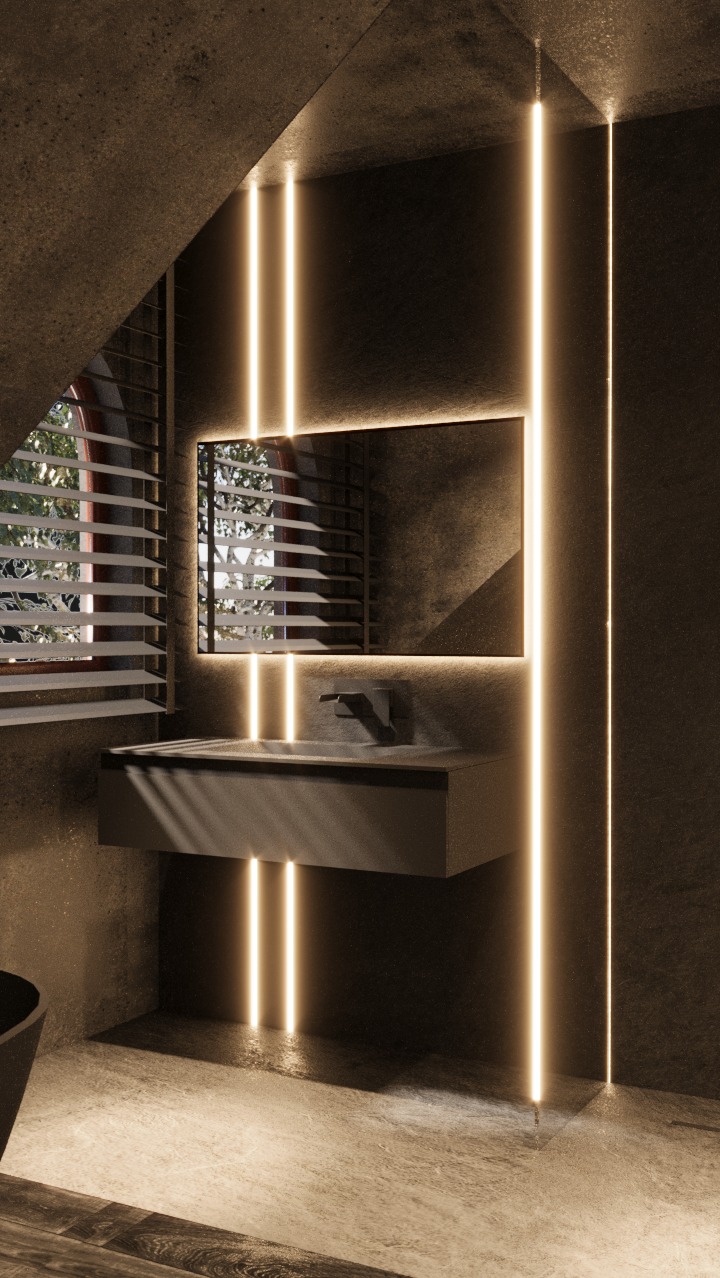 Nowoczesna łazienka w odcieniach szarości z podświetlanym lustrem i pionowymi liniami LED, okno z żaluzjami w tle. Minimalistyczny design.